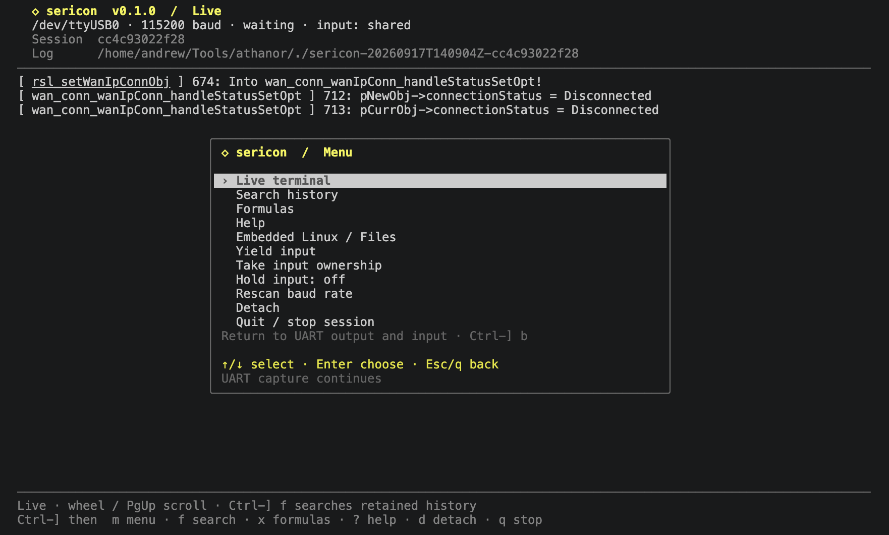 Sericon’s action menu over a live serial session